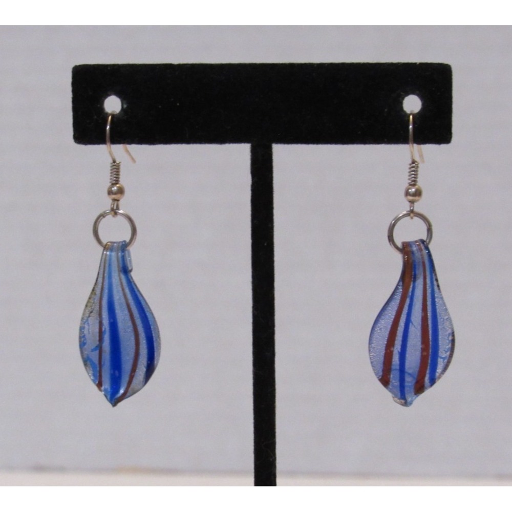 Blue Silver Foil Striped Glass Teardrop Drop Earrings‎ Artisan Boho Fishhook